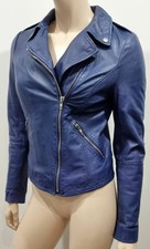 Muubaa Blue Leather Collared Silver Tone Zipper Fastened Lined Biker Jacket Uk8