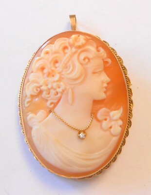 Vintage Italy 14K Yellow Gold Cameo Female Diamond Necklace Pendant Brooch 44mm