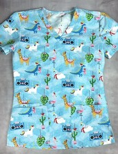 Micro Flex Womens scrub top short sleeve unicorn rainbow Blue size S 0125