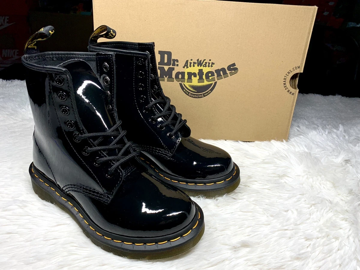 Ladies patent top lace up boots