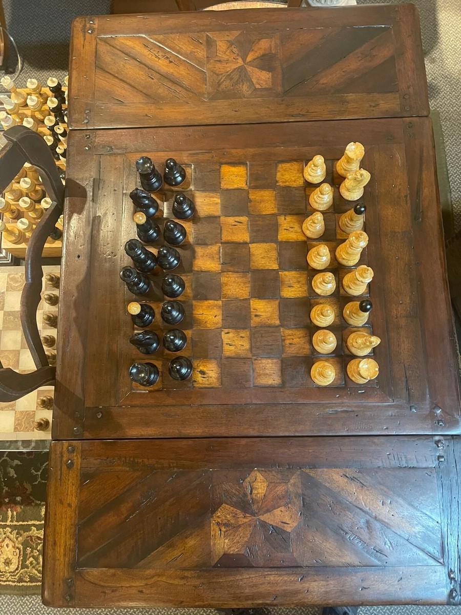 Antique Handcarved Walnut Chess Table Backgammon Game Table by