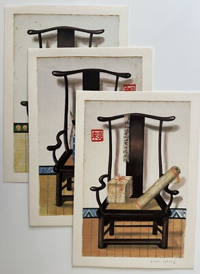 Michel Lablais Hand Signed Asian Chairs Lithograph Prints