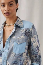 NWT Anthropologie Love The Label Floral Chambray Buttondown Blue Motif Size S