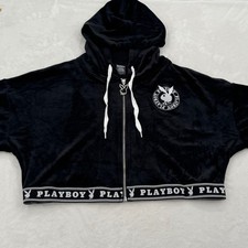 New Playboy Bunny Size Large Black Velour Cropped Full Zip Logo Hoodie NEW Y2K