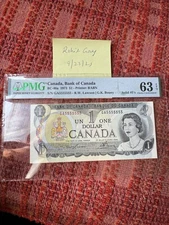 Canada 1973 Dollar Bill Solid Serial Number 5555555 Pmg 63 Rare