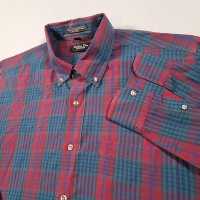 Christian Dior Monsieur Men Button Down Shirt Large Plaid Red Green USA