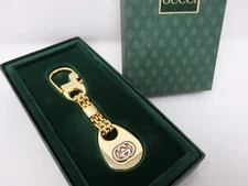 GUCCI Vintage Interlocking G Logo Keychain Holder Ring Charm Mesh Gold Chain Box