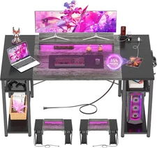 Computer Desk with LED Lights, 55 Inch Desk with Power Outlet and USB,