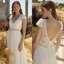 Chiffon Sexy Deep V Neck Open Back Button Short Cap Sleeve A Line Wedding Dress