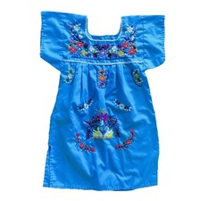 Mexican Dress SZ 3 Girls Handmade Boho Blue Floral Embroidery Puebla