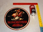 VINTAGE WINCHESTER WESTERN HORSE+ MAN & GUN 11 1/4" PORCELAIN METAL HUNTING SIGN
