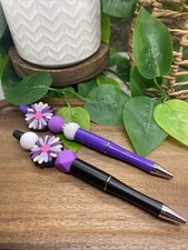 2 PC Handmade Silicone Bead Rhinestone Black Ink Pen Set Daisy New B192