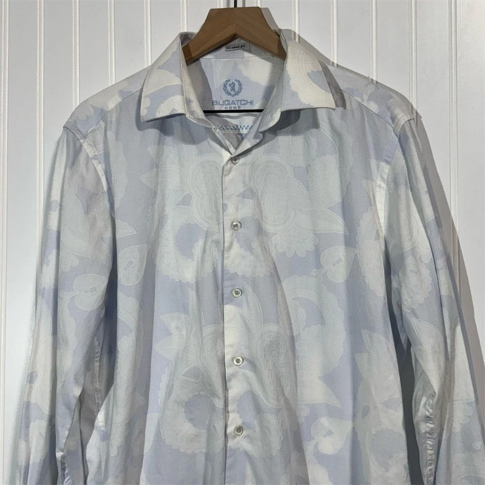 Camisa Bugatchi Uomo Ajuste en Forma de L Blanca Azul Paisley Floral Manga Larga Algodón Foto 3 de 4