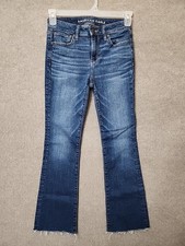 American Eagle Kick Boot Jeans Womens 2 Short Blue Raw Hem Stretch