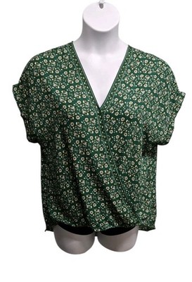 Max Studio Womens Large Green Floral Print Short Sleeve Faux Wrap Top Casual