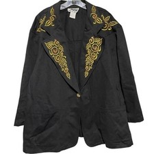 Vintage DVine Womens Embroidered Blazer Jacket Black Gold With Red Accents 3x