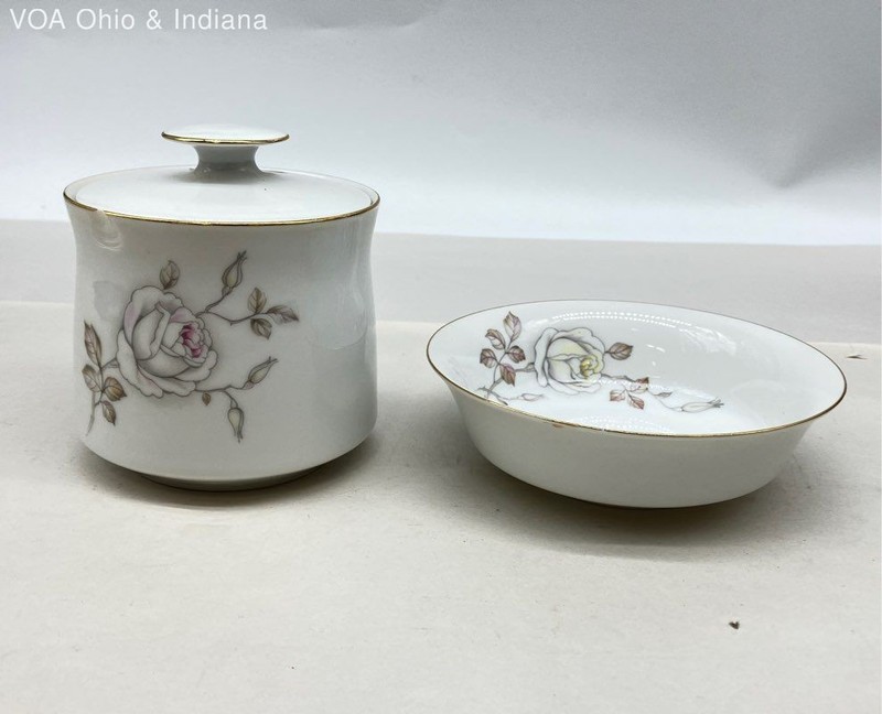 Johann Haviland Pink Rose Gold Trim Sugar Bowl & Small Bowl 3pc Set Porcelain