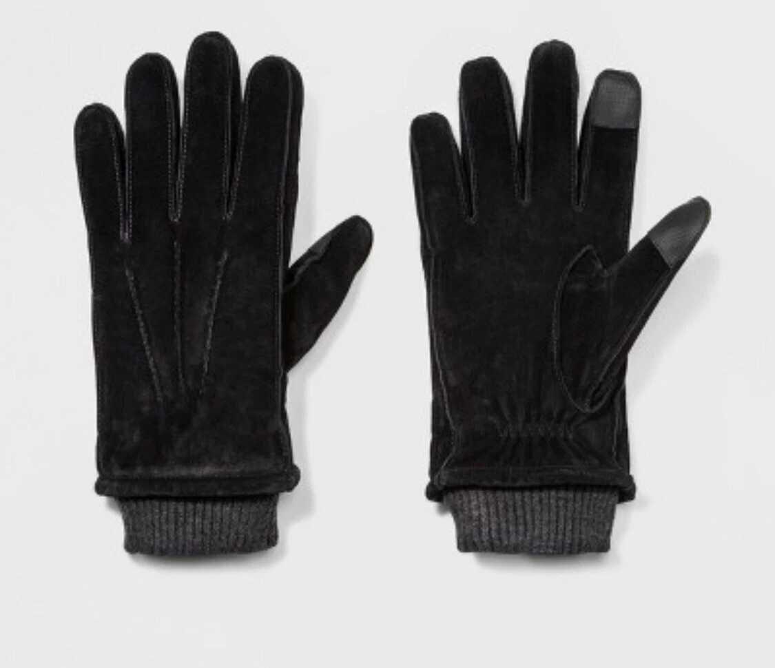 Mens Black Pig Suede Glove With Faux Fur Lined Charcoal Acrylic Knit Cuff Glove