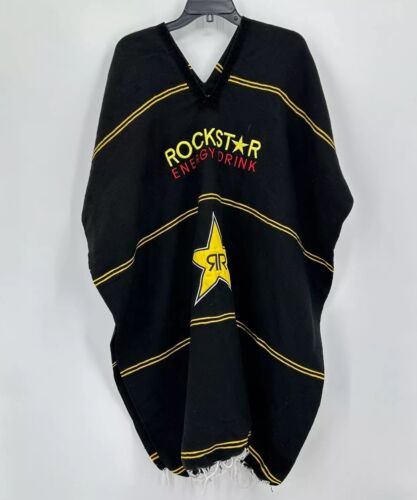 Rockstar Energy Drink Blanket Poncho Mens Black Yellow Advertising Fringe