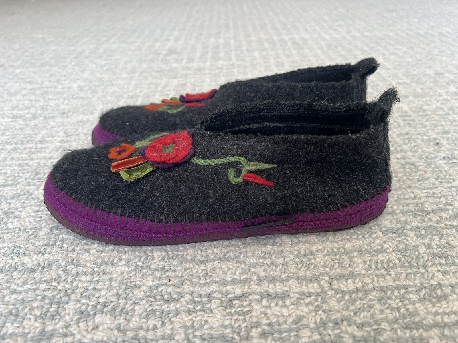 SAOLA Ciabatta Giesswein taglia 40 ultra comoda lana bollente grigia applicazione floreale suola gomma