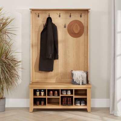 Cheshire Limed Oak Hallway Tidy Shoe Storage Bench with Coat