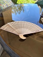 Vintage Wooden Cutout Folding Fan in Original Box