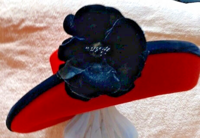 Designer Hat: Scarlet Red w/ Black adornments, 100% Wool