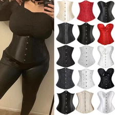 Womens Satin Underbust Corset Bustier Boned Waist Training Cincher Top Plus Size