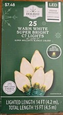 NEW Holiday Time 25 Warm White SUPER BRIGHT C7 LED String Lights Green Wire
