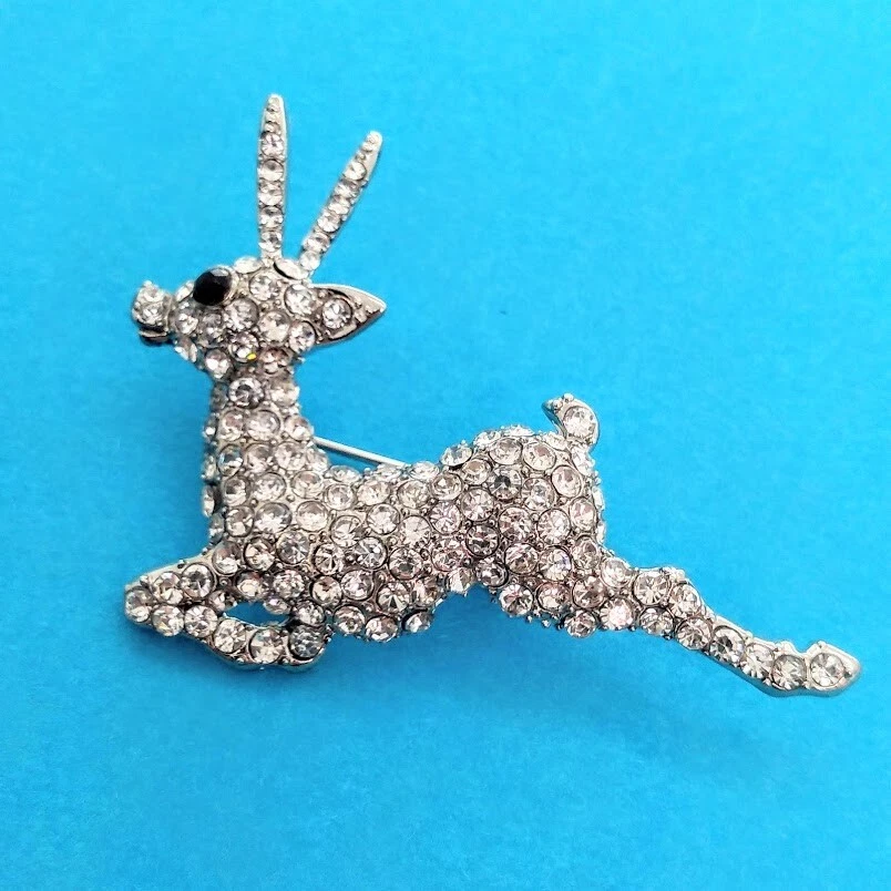 Silver Tone Clear Crystal Leaping Deer Reindeer Brooch