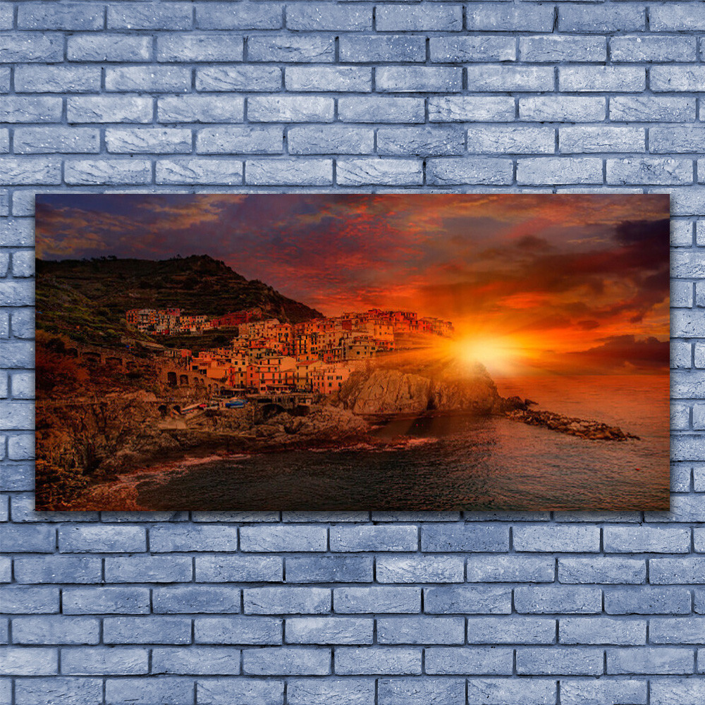 Tableau impression sous verre 140x70 d'art moderne paysage urbain et maritime au soleil