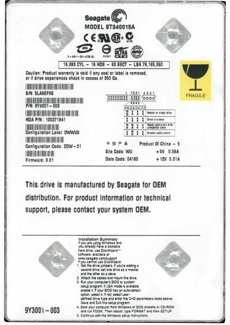 Hard Drive Seagate Barracuda ST340015A 40GB 5400RPM 2MB Cache ATA