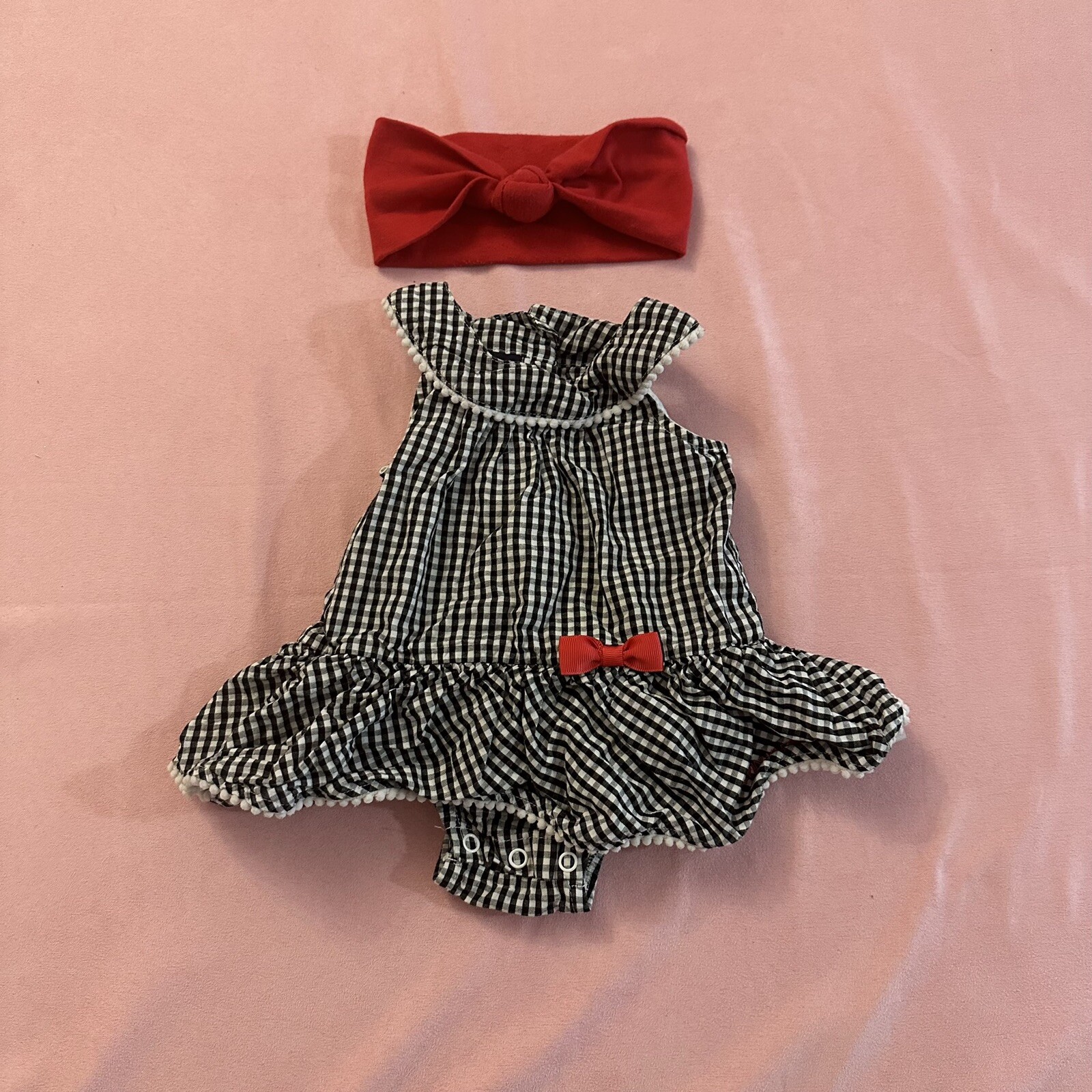 Baby Romper Calvin Klein Jeans Gingham Black and White 6-9M Red Headband-image