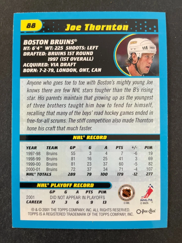 Joe THORNTON 2001-02 O-Pee-Chee Hockey #88 Boston Bruins - Image 2 of 2