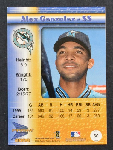 2000 Pacific Prism Premiere Date #60 Alex Gonzalez #d /61 Florida Marlins - Picture 2 of 2