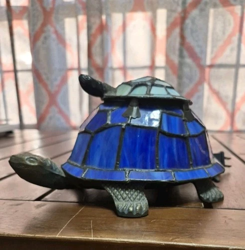 Vintage Tiffany Style Blue Stained Glass and Brass Piggyback Turtle Table Lamp
