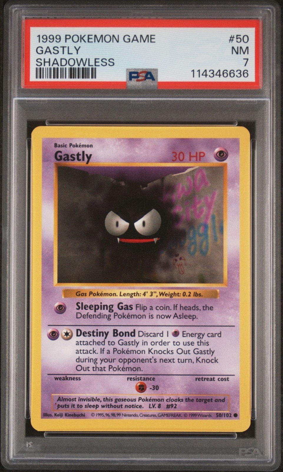 Gastly, Shadowless Base Set, 50/102, Pokémon, WOTC 1999, (PSA 7)
