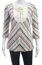 Tory Burch Women Tunic Multicolor Striped Linen Lace Up 3/4 Sleeve Size 2