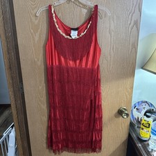 Living Fiction Red Fringe Flapper Roaring 20s Costume Dress w/ Gold Sequins Sz M