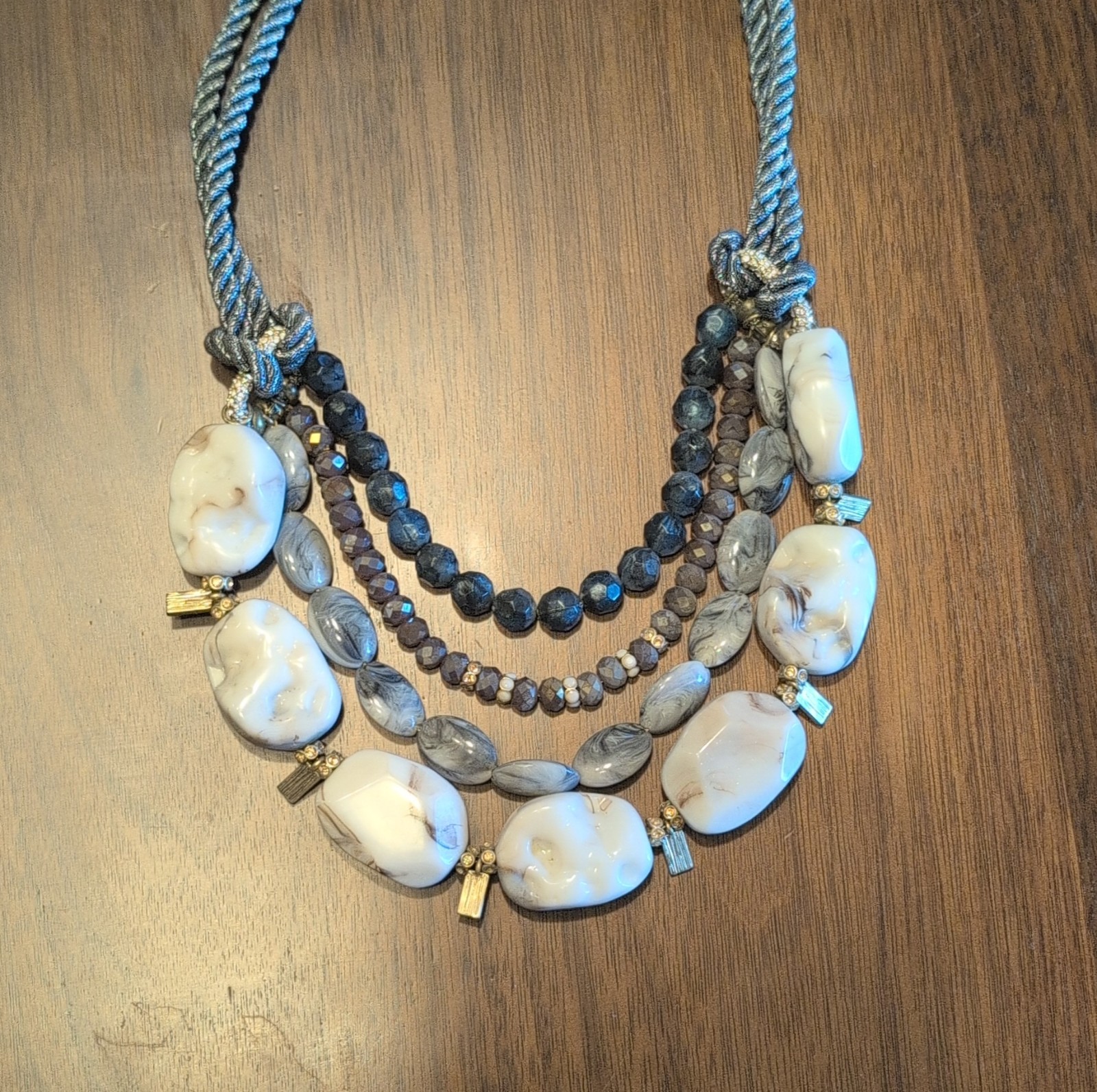 Layered Statement Beaded Necklace Gray White Marb… - image 1