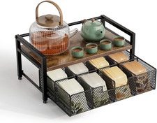 Tea Bag Organizer with Drawer Wood and Metal Tea Storage Chest for Countertop