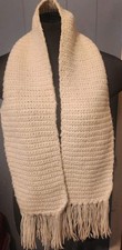 Hand Knitted Ivory Scarf Winter Wear Handmade Fringe 51 x 6 1/2