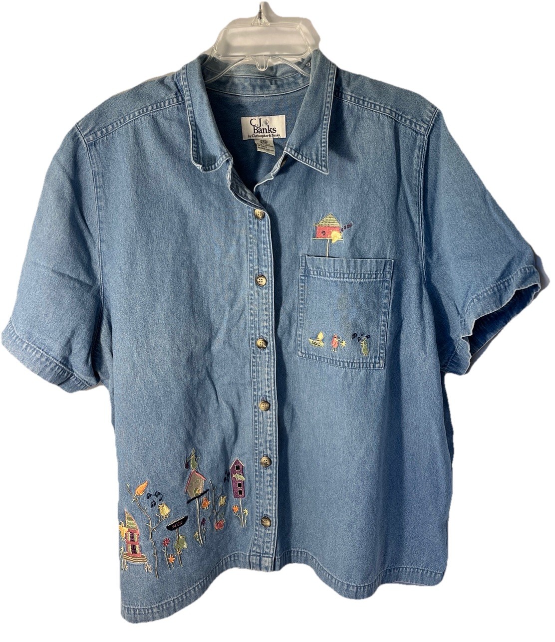 CJ Banks Denim Embroidered BirdhouseShirt Size 24 W Med Blue Button Up 2 Pockets
