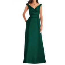 Alfred Sung Hunter Green Off-the-Shoulder Cuff Trumpet Gown, Front Slit D760 18