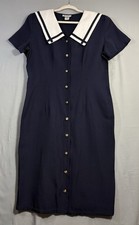 Vintage 90s Nautical Sailor Dress USA Made Navy White Collar Preppy Midi 12