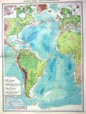Alter Druck Atlantik Kabel Tiefen Karte um 1897 Sichtbarkeit Land Frühling 19.