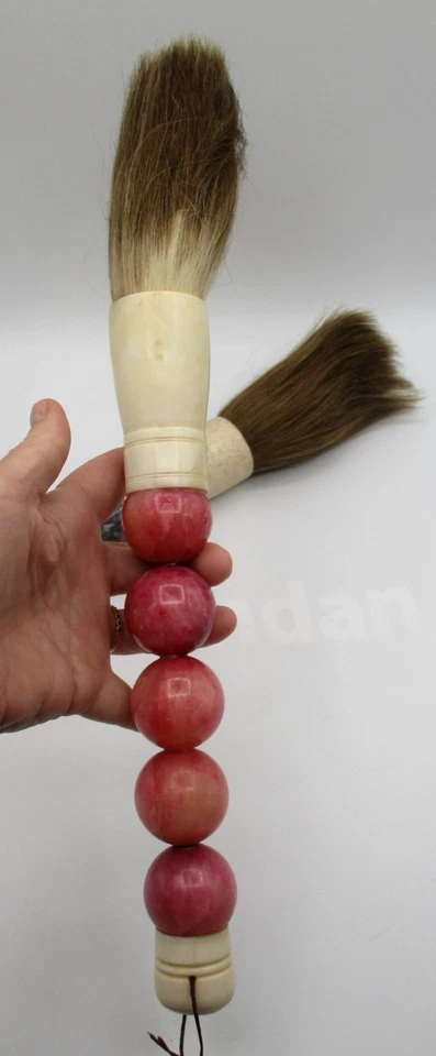 2 VINTAGE CHINESE CALLIGRAPHY BRUSHES ~ HORSE HAIR with STONE HANDLES - Image 4 of 4