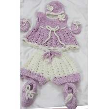 Crochet Baby Winter Super Soft Yarn Frock Bloomer Mitten Booties Cap Set 0-3 Mth