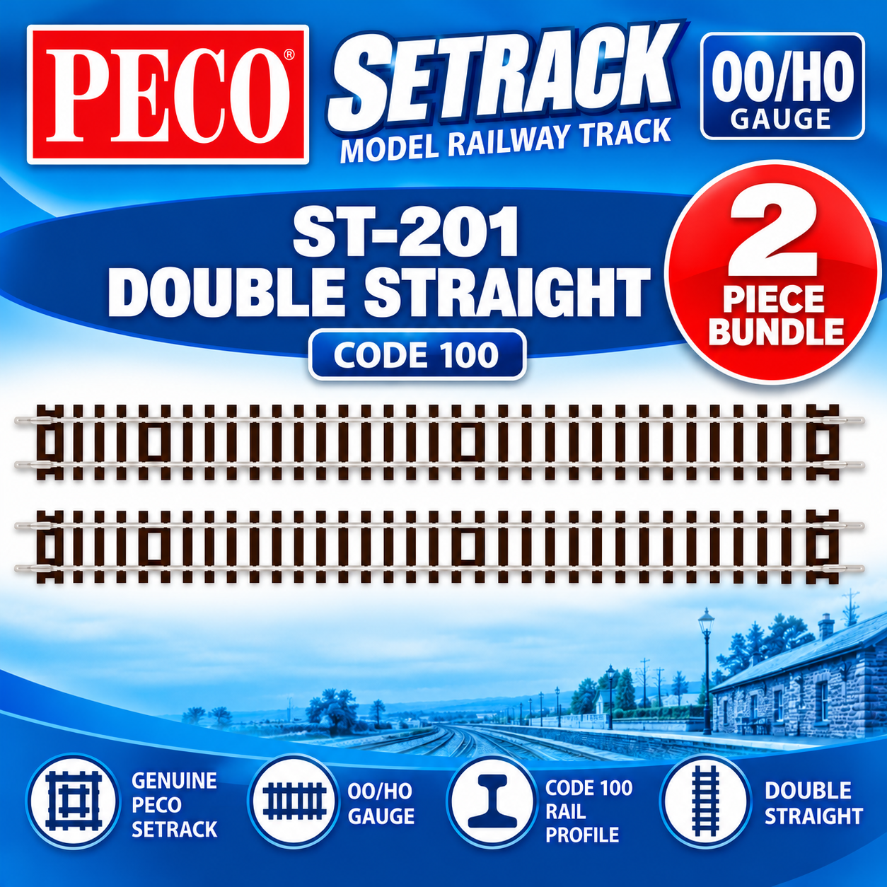 PECO ST-201 Double Straight OO Gauge Code 100 Setrack 2 Piece Track Bundle