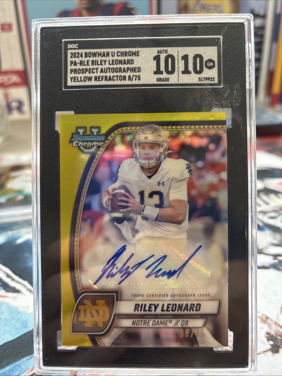 2024 Riley Leonard Bowman Chrome U Auto Yellow Refractor /75 #PA-RLE SGC 10/10